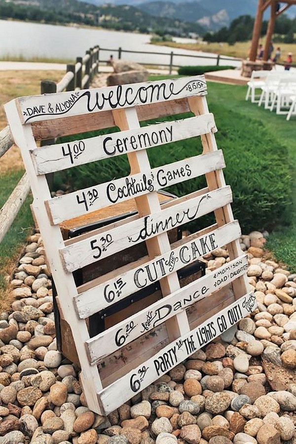 rustic white wooden wedding timeline sign