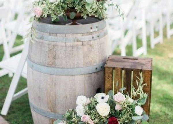 rustic wine barrel wedding welcome decor
