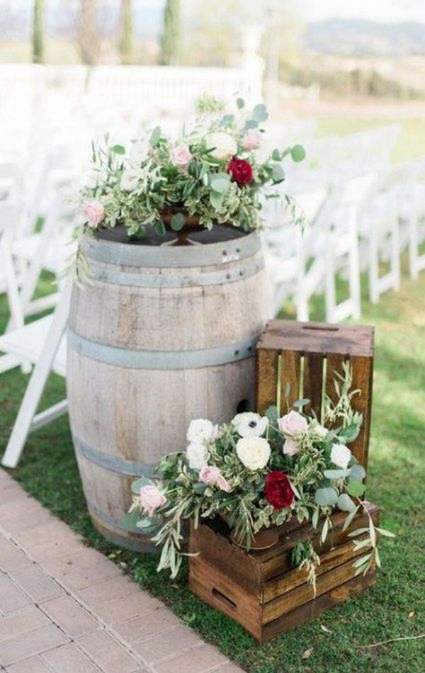 rustic wine barrel wedding welcome decor