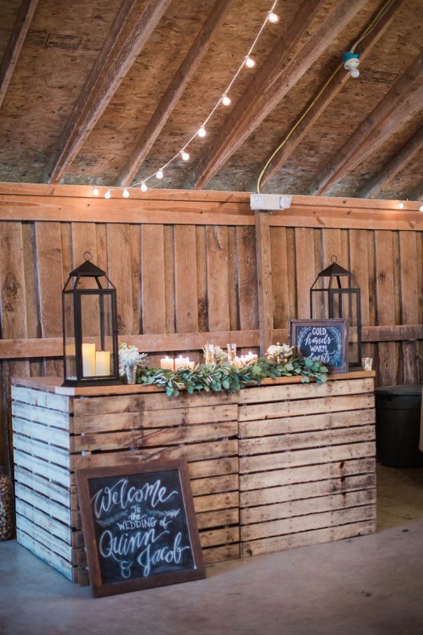 rustic wooden pallet wedding reception bar idea