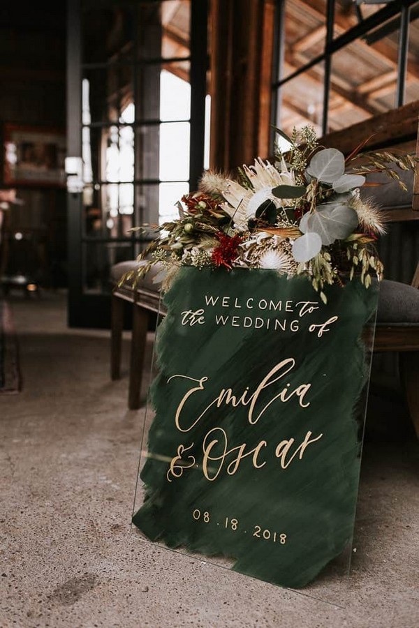 Green Acrylic Wedding Welcome Sign Gold calligraphy