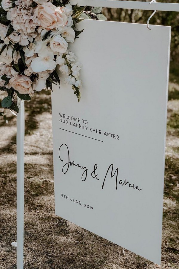 Minimalist simple wedding sign with blush flowers