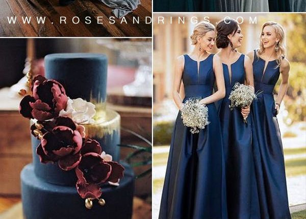 Navy blue wedding cake with flowers bridal bouquet satin bridesmaid dress table runner ideas