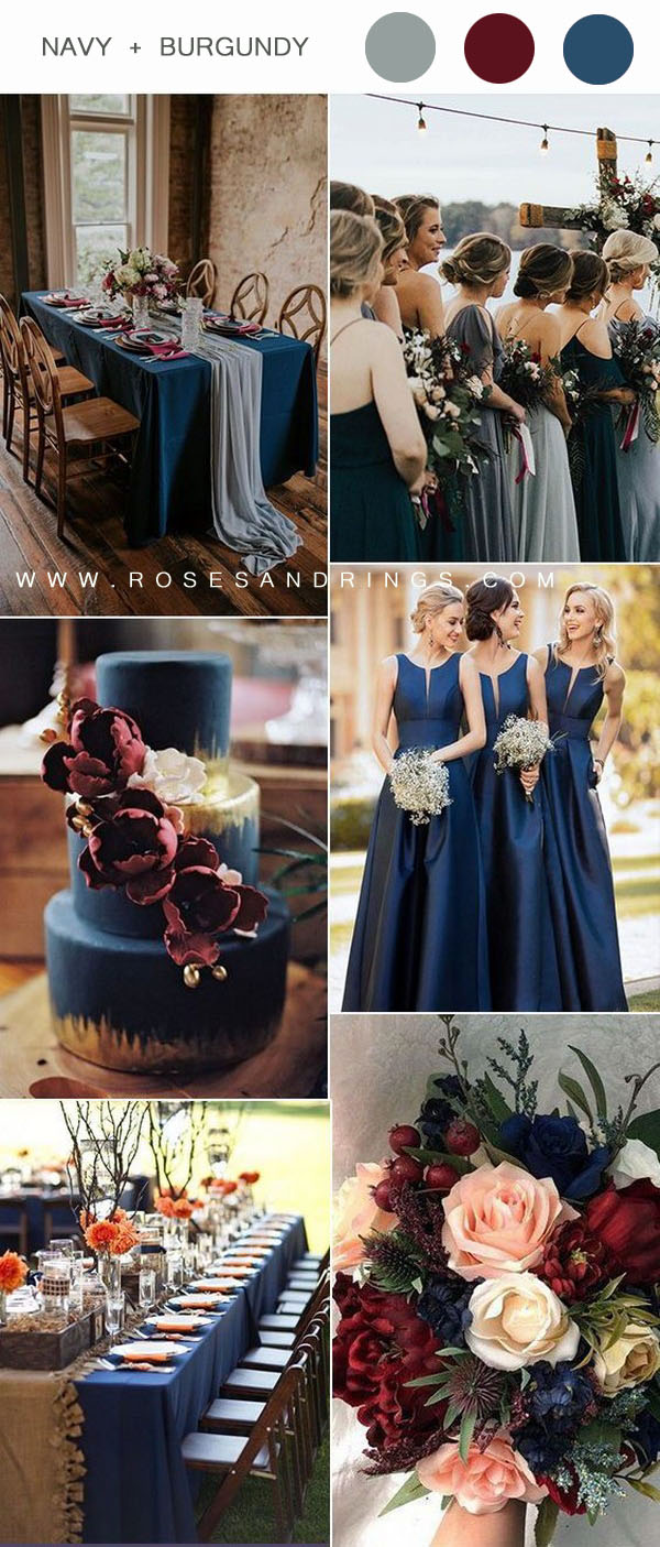 Navy blue wedding cake with flowers bridal bouquet satin bridesmaid dress table runner ideas