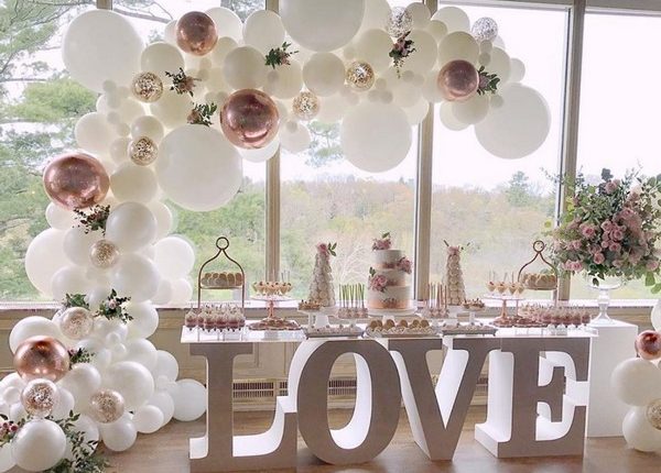 dusty rose and white balloons wedding reception decor ideas 17