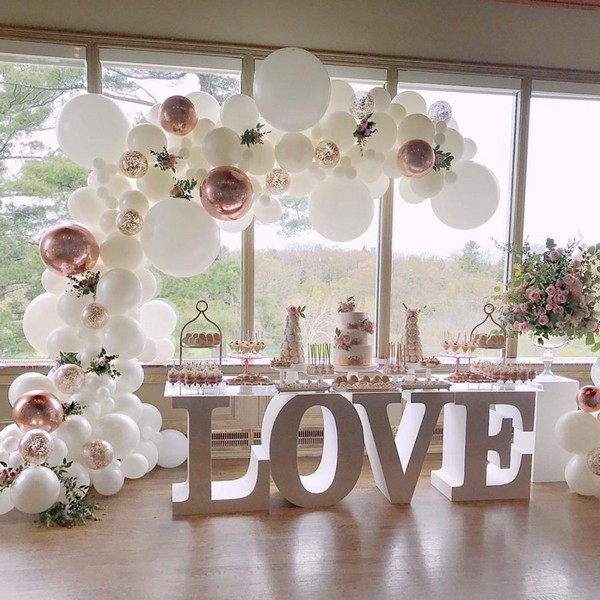 dusty rose and white balloons wedding reception decor ideas 17