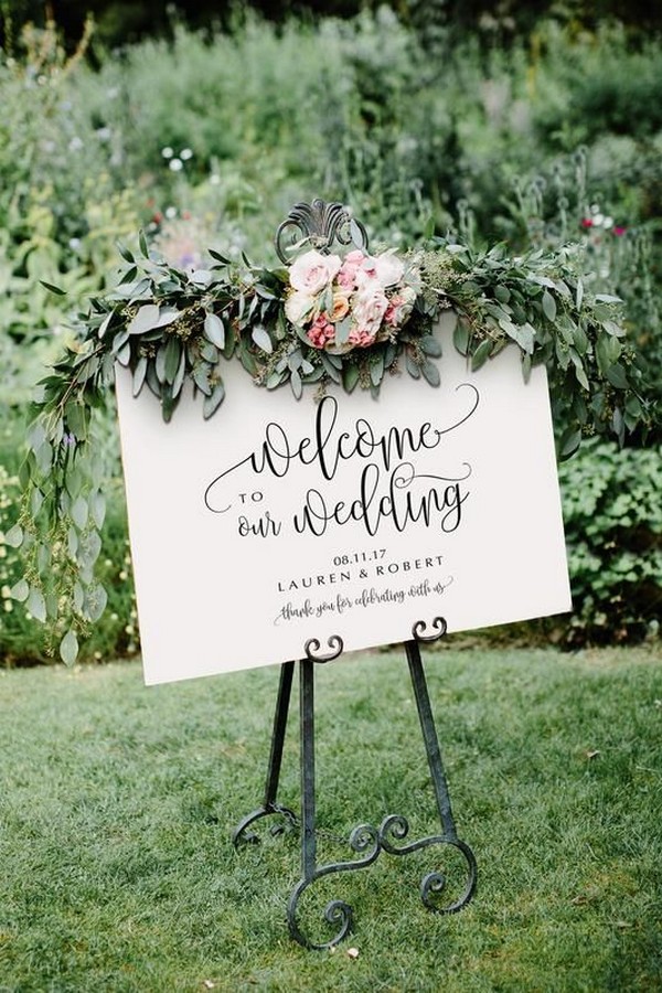 seeded greenery eucalyptus minimalist welcome wedding sign