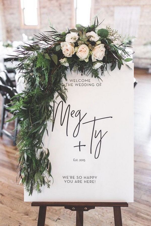 wedding welcome sign on an easel with a big greenery wreath overlaid