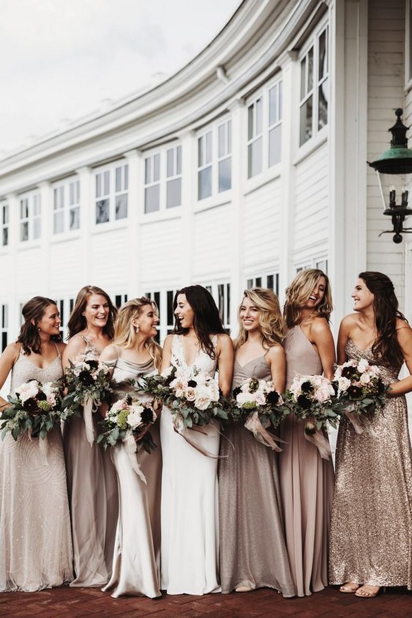 Bride & Bridesmaids in mismatched gold and copper dresses