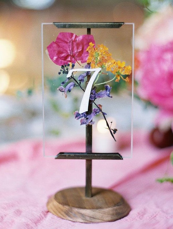 Clear acrylic wedding table number with pressed flowers