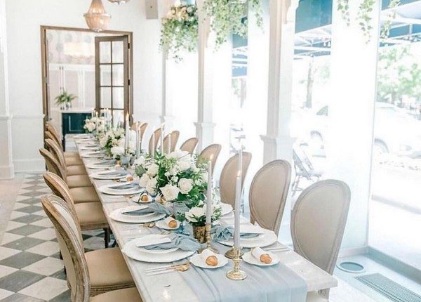 Dusty Blue Wedding Table Decor and Place Setting #weddingvenuedecorations