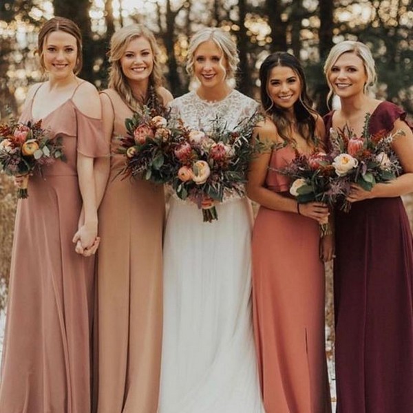 Dusty rose bridesmaid dress off the shoulder mix and match burgundy ruffled dress for fall wedding