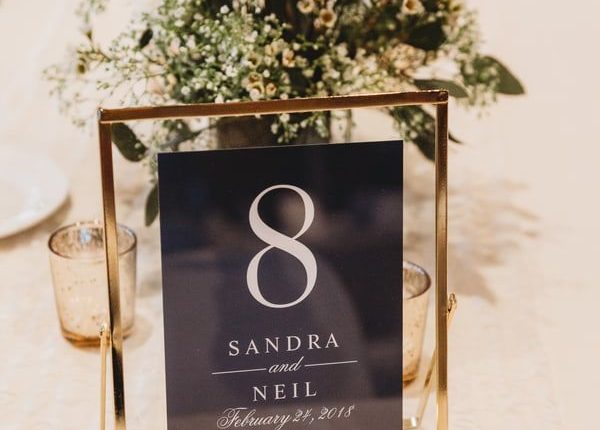 Elegant gold framed table numbers with black paper and white writing