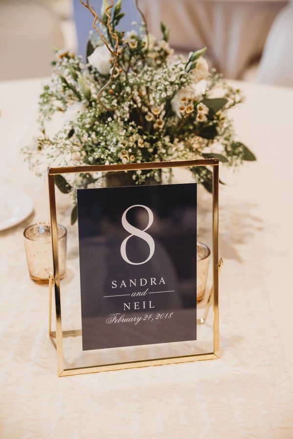 Elegant gold framed table numbers with black paper and white writing