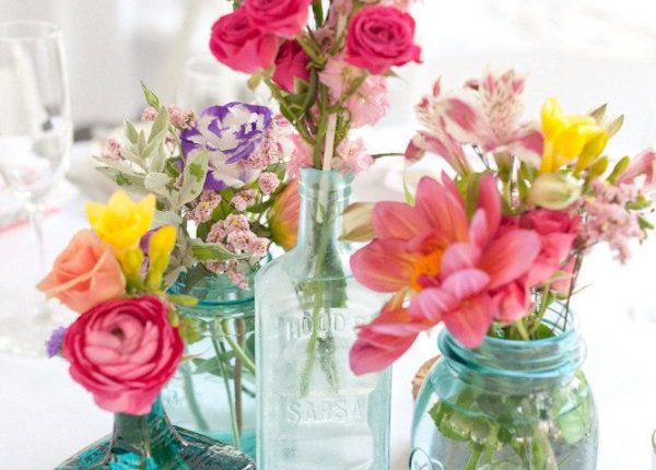 wildflowers and blue mason jar wedding centerpieces