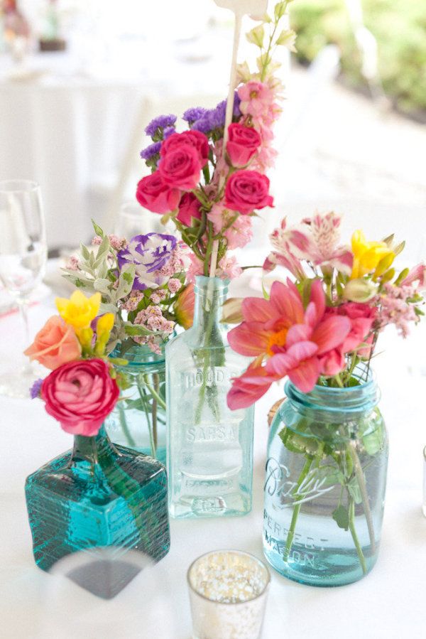 wildflowers and blue mason jar wedding centerpieces