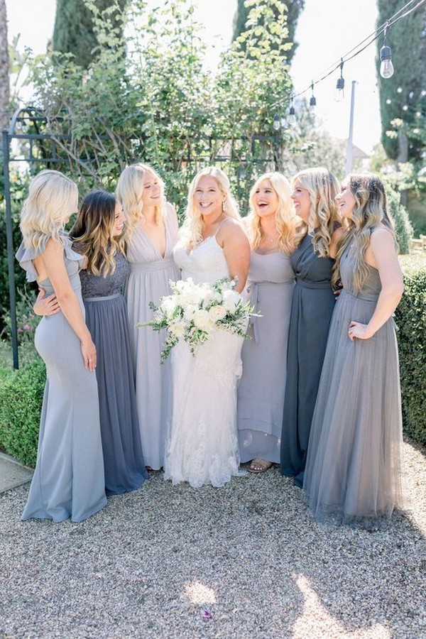 Mismatched gray bridesmaids dresses from the Green and Grey Garden