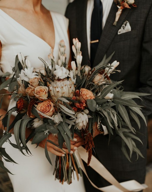 Rust burnt orange fall wedding bouquet idea - bohemian wedding flowers, dusty orange wedding bouquets