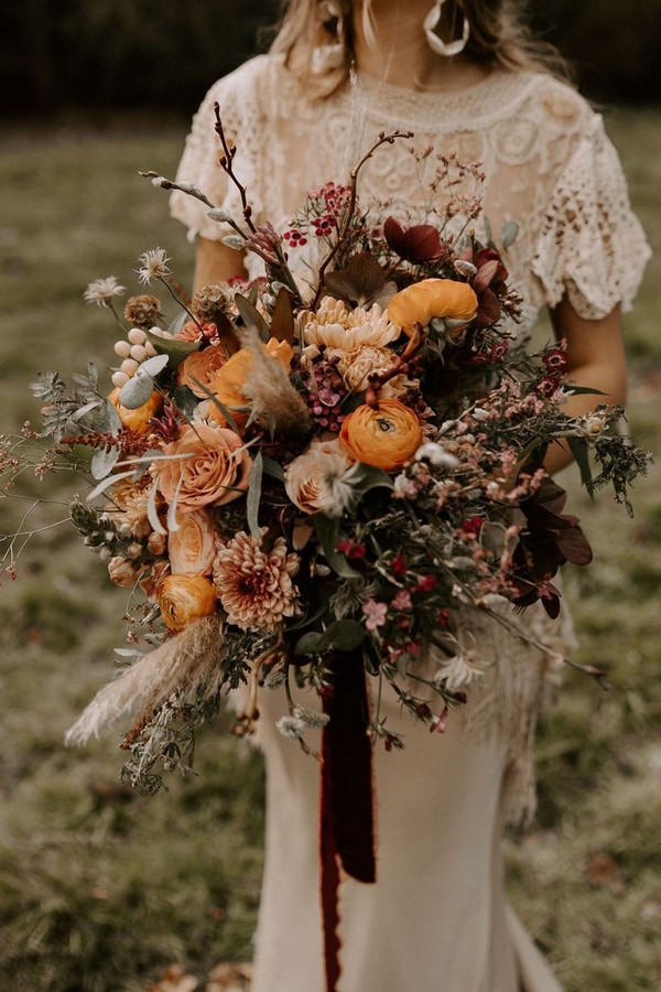 Rust burnt orange fall wedding bouquet idea - bohemian wedding flowers, dusty orange wedding bouquets