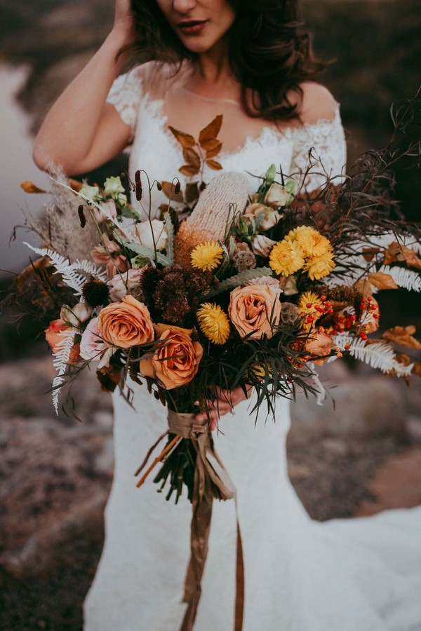 Rust burnt orange fall wedding bouquet idea - bohemian wedding flowers, dusty orange wedding bouquets