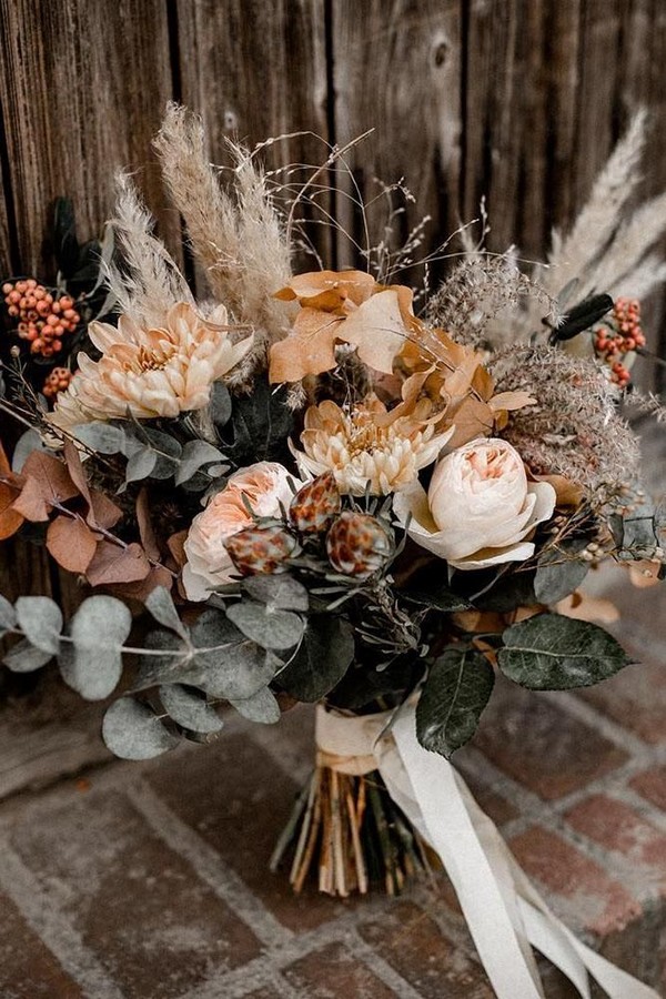 Rust burnt orange fall wedding bouquet idea - bohemian wedding flowers, dusty orange wedding bouquets