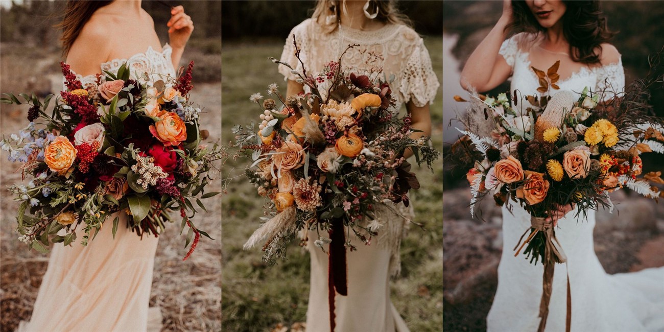 Rust burnt orange fall wedding bouquet idea - bohemian wedding flowers, dusty orange wedding bouquets