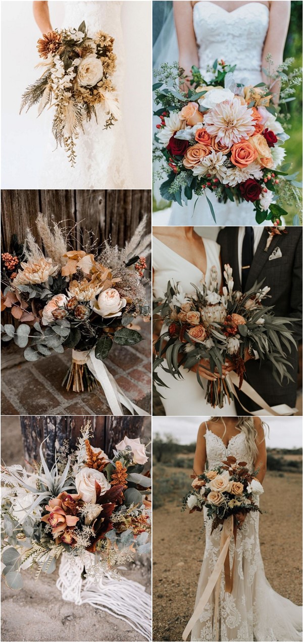 Rust burnt orange fall wedding bouquet idea - bohemian wedding flowers, dusty orange wedding bouquets