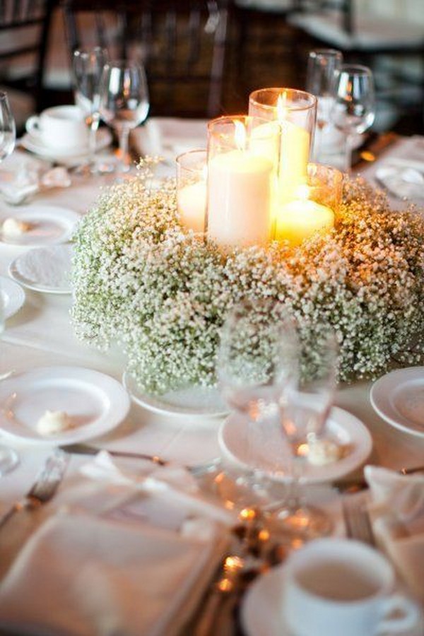 Rustic Baby's Breath Around Candles Wedding Centerpiece Decorations Ideas