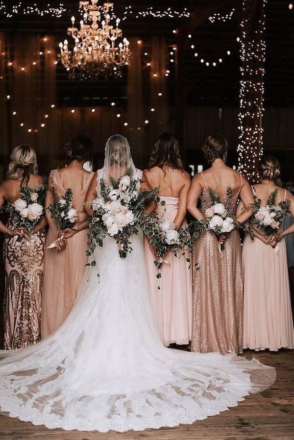 Rustic Long Rose Gold and blush Mismatched Bridesmaid Dresses