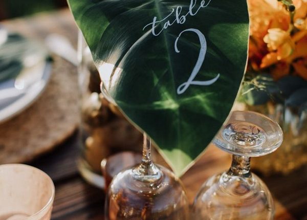 Tropical leaves used as table number signage