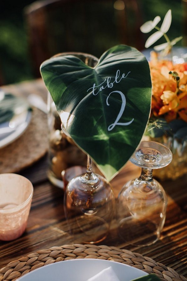 Tropical leaves used as table number signage