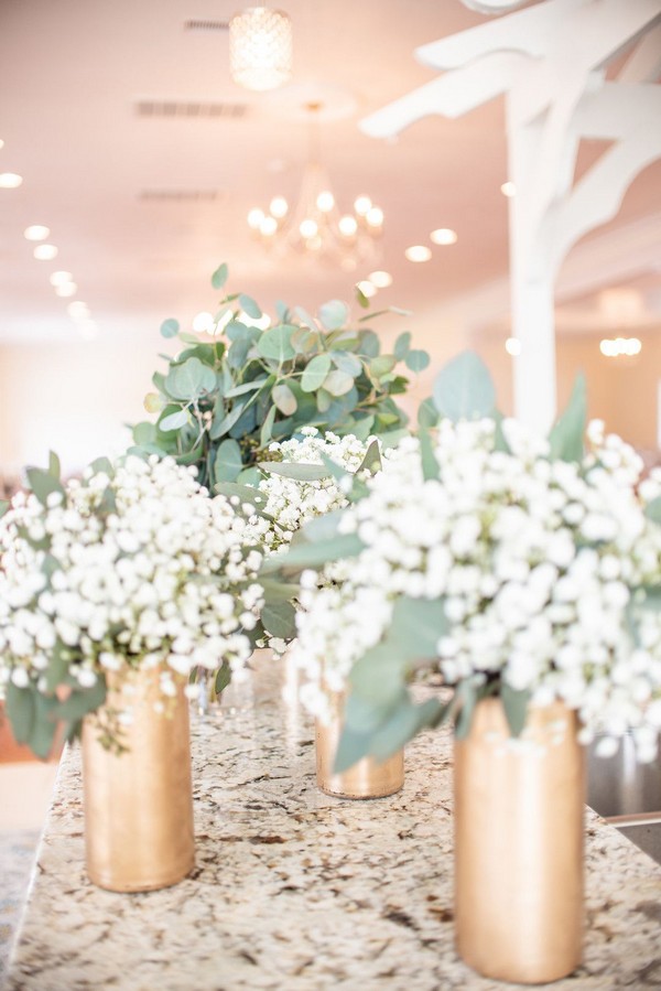 baby's breath and gold vases wedding centerpiece
