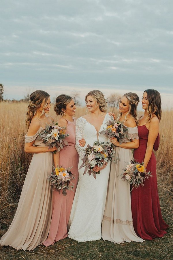 boho mismatched bridesmaid dress idea