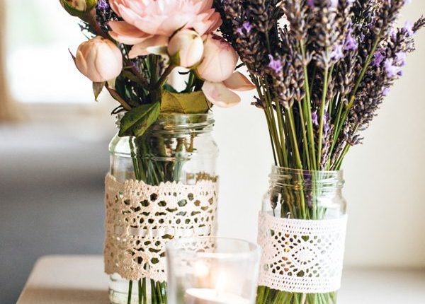 lavender and mason jar lace wedding centerpieces