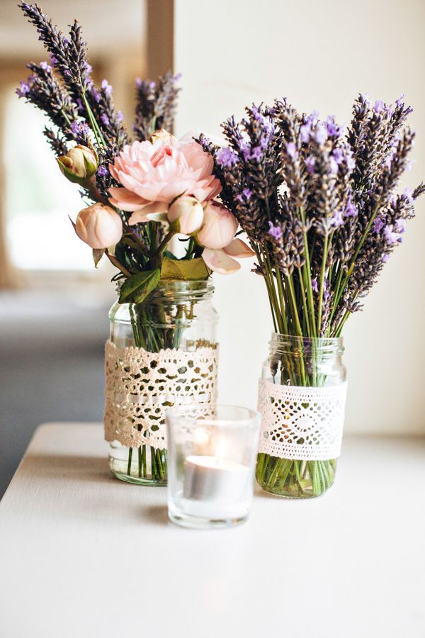 lavender and mason jar lace wedding centerpieces