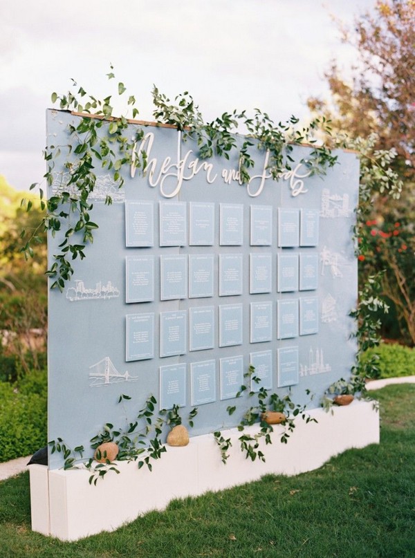 light blue and greenery wedding seating chart wall