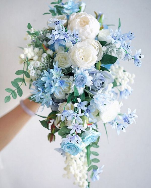 light blue and white cascade wedding bouquets