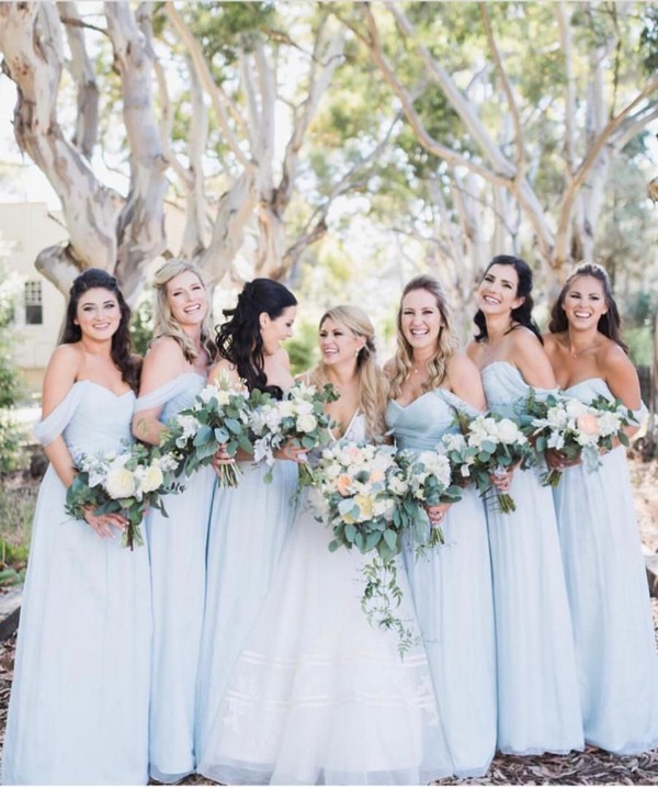 light blue off the shoulder bridesmaid dresses