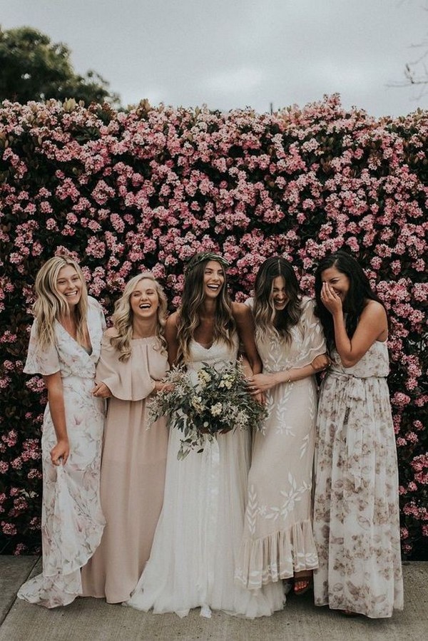 mismatched blush and floral printed bridesmaid dresses