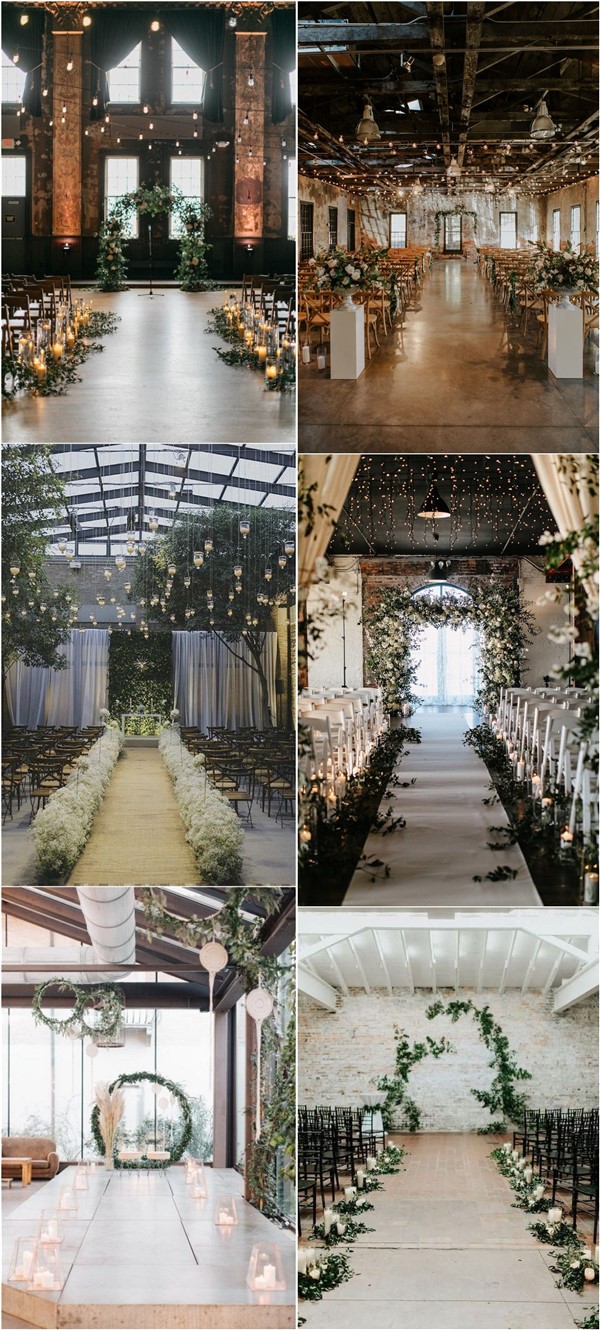 rustic country indoor wedding ceremony arches and aisles