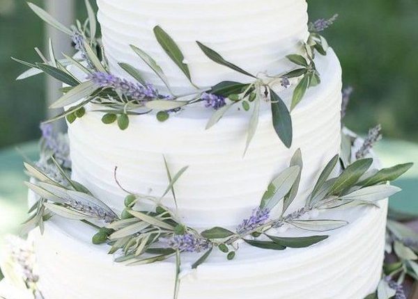 rustic lavender and olive leaves wedding cake