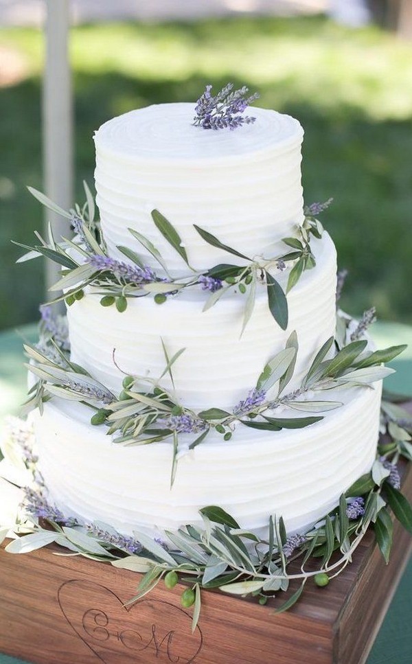 rustic lavender and olive leaves wedding cake