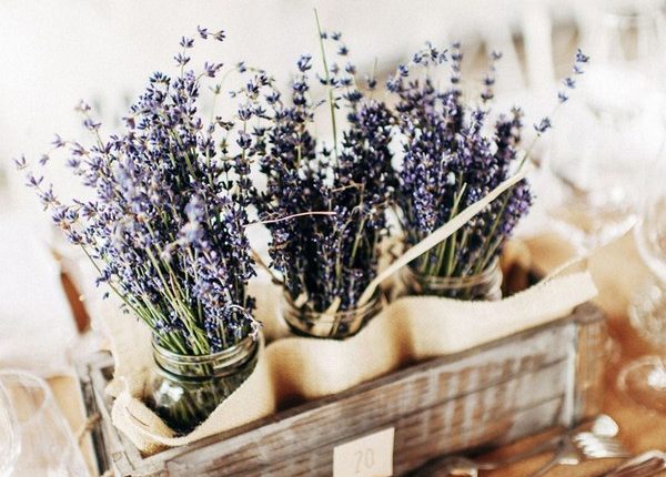 rustic lavender and wood crate wedding centerpiece