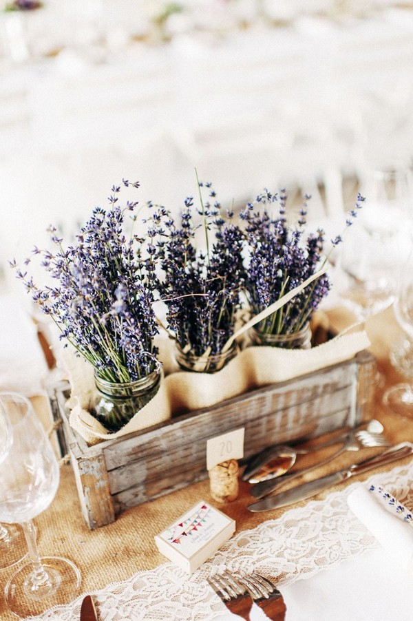 rustic lavender and wood crate wedding centerpiece