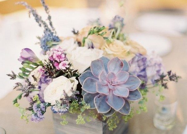 rustic lavender purple succulent and lavender wedding centerpieces