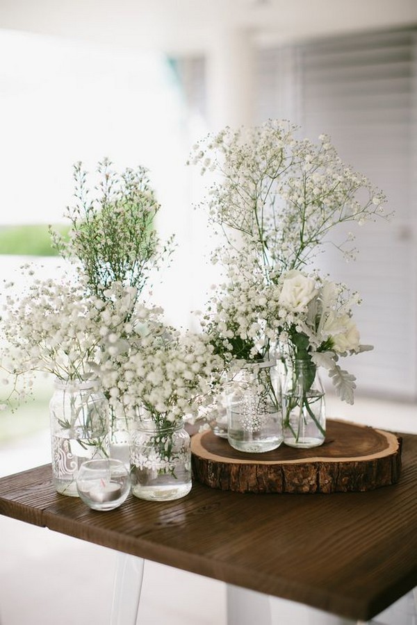 rustic white baby's breath wedding centerpiece