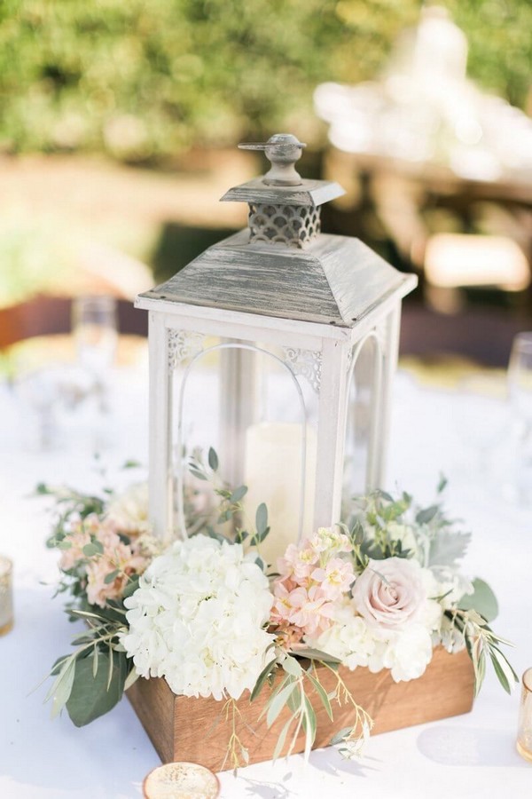 vintage wooden lantern and wood crate wedding centerpiece