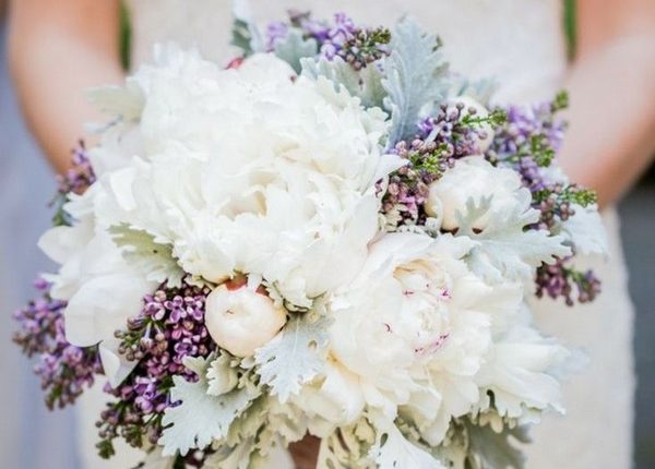 white flowers and lavender purple wedding bouquet