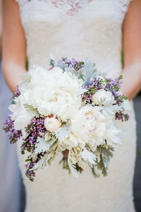 white flowers and lavender purple wedding bouquet