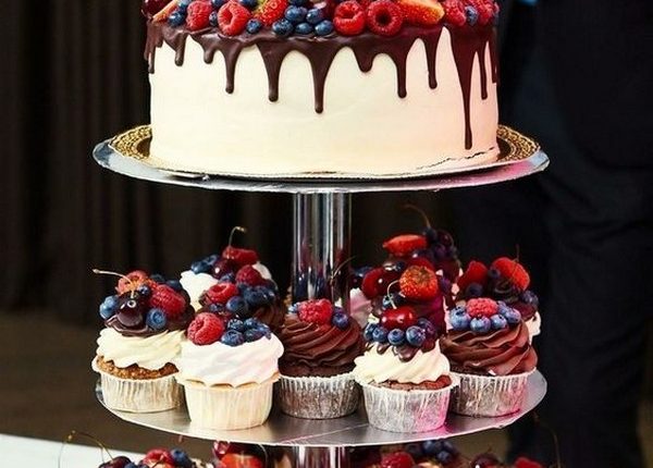Dripped Strawberry Chocolate Wedding Cake and Cupcakes